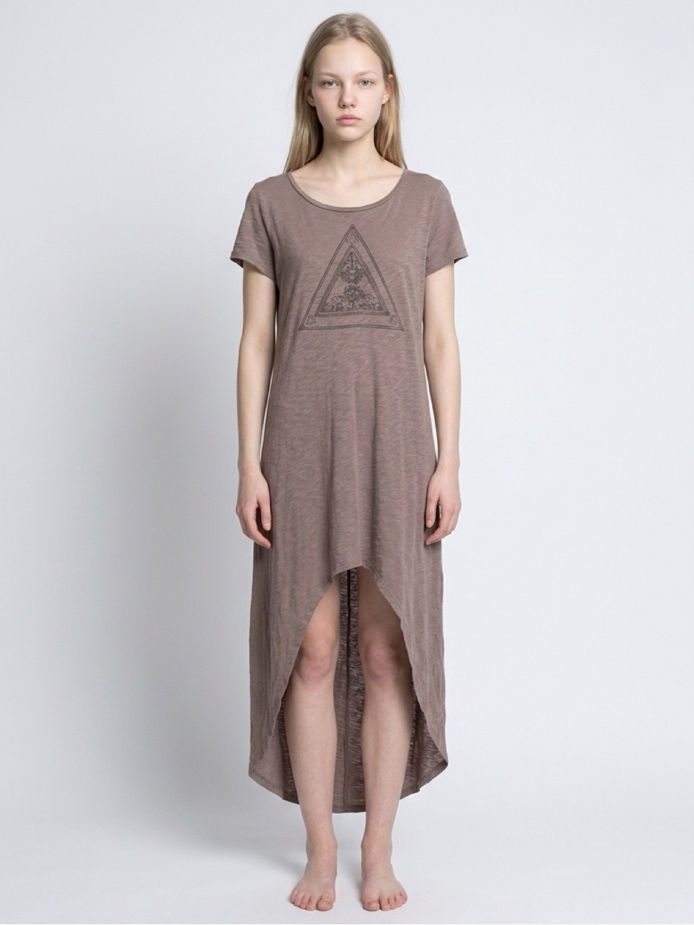 NWOT Madly Deeply Large Taupe Triangle Buddha Hi-Low T-Shirt Dress